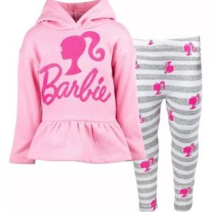 Barbie 6 Girls Fleece Pink Peplum Hoodie And Striped Leggings Outfit Set New